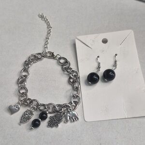 Silver Charm Bracelet with Black Beads - Women's Jewelry